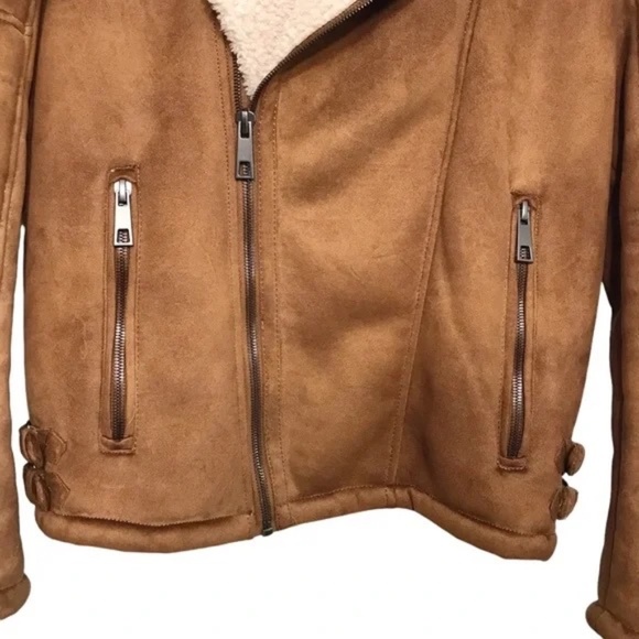Zara Faux Sherpa & Leather Oversized Brown Bomber Jacket Coat Size Medium - Picture 5 of 9